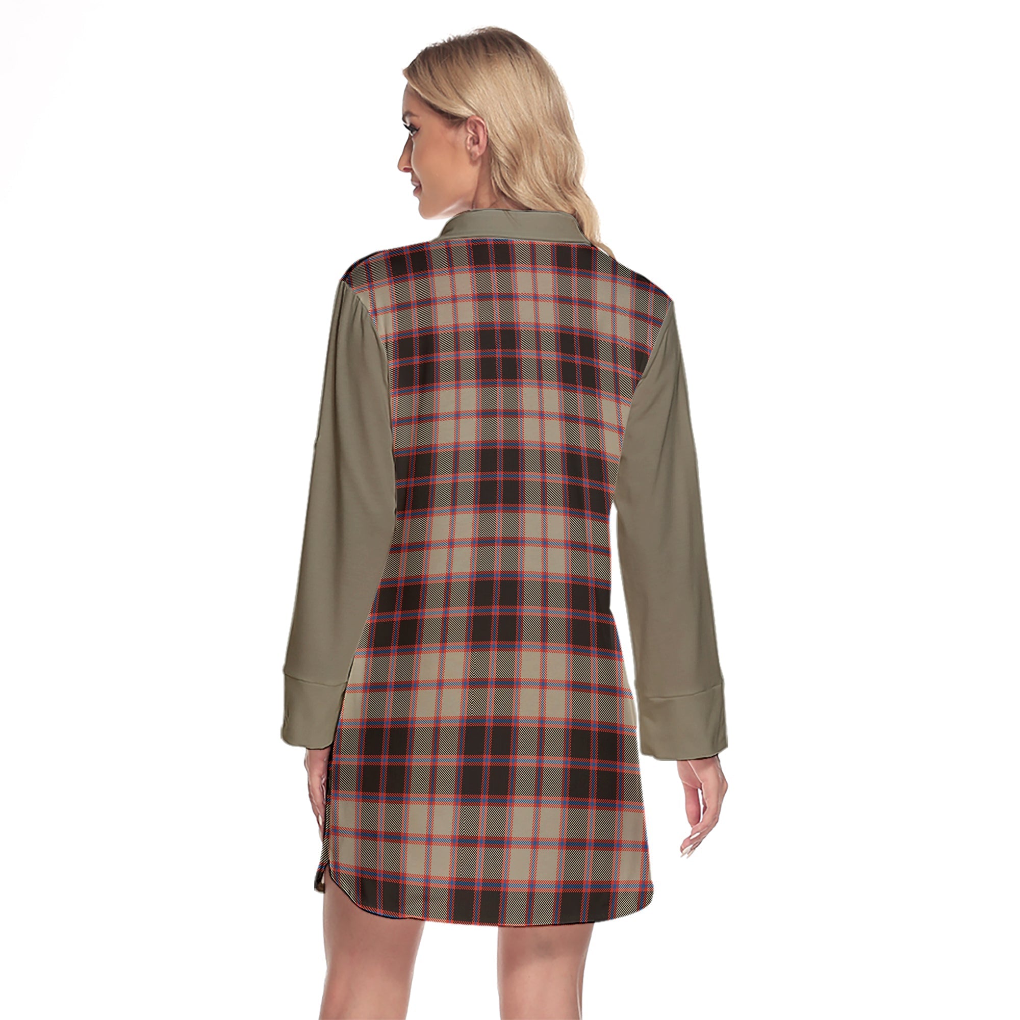 MacPherson Hunting Ancient Tartan Women's Lapel Shirt Dress With Long Sleeve