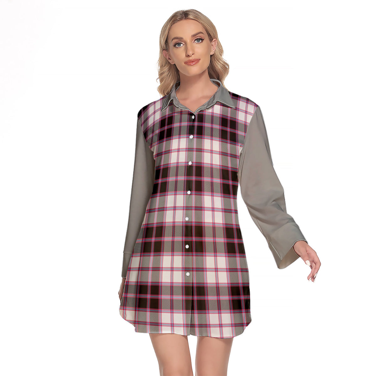 MacPherson Hunting Modern Tartan Women's Lapel Shirt Dress With Long Sleeve