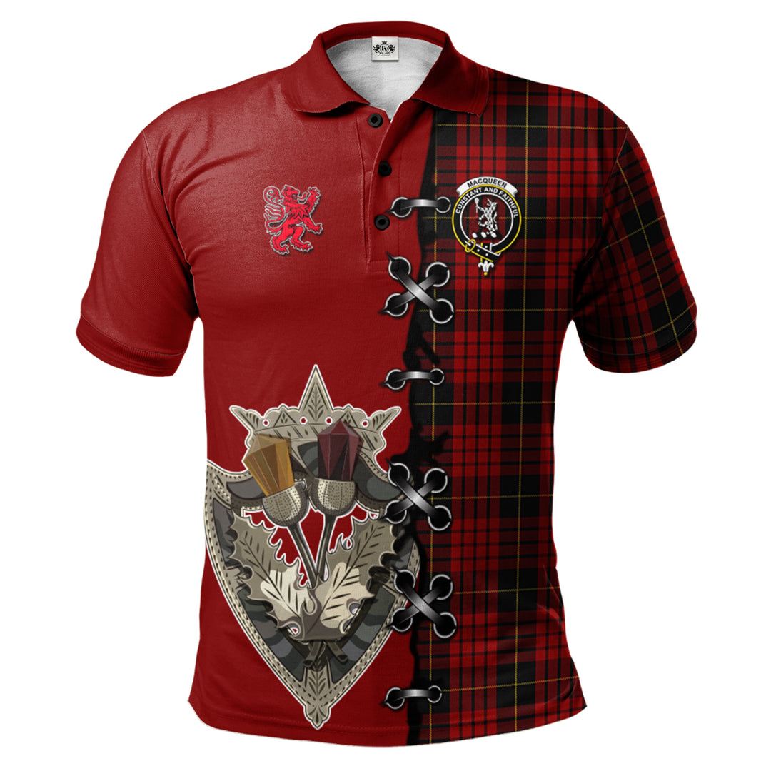 MacQueen Tartan Polo Shirt - Lion Rampant And Celtic Thistle Style