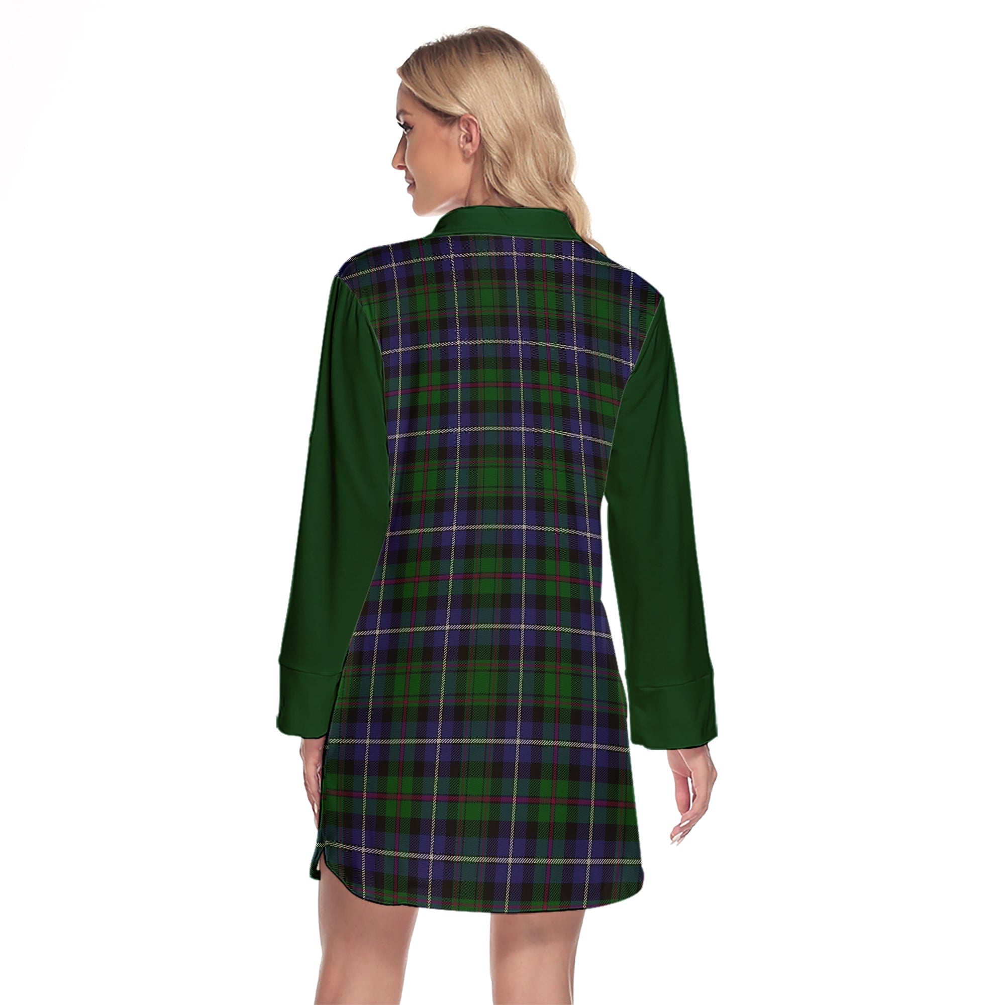 MacRow Hunting Tartan Women's Lapel Shirt Dress With Long Sleeve