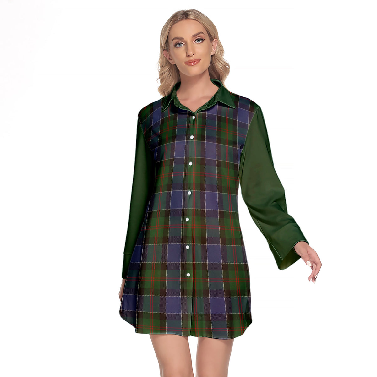 McFadzen 01 Tartan Women's Lapel Shirt Dress With Long Sleeve