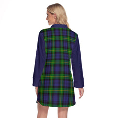 Meldrum Tartan Women's Lapel Shirt Dress With Long Sleeve