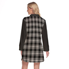 Menzies Black And White Tartan Women's Lapel Shirt Dress With Long Sleeve