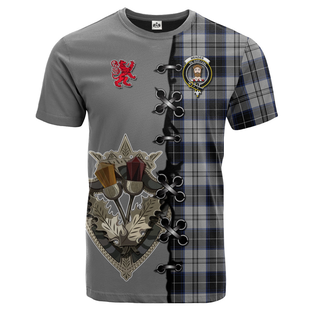 Menzies Black Dress Tartan T-shirt - Lion Rampant And Celtic Thistle Style