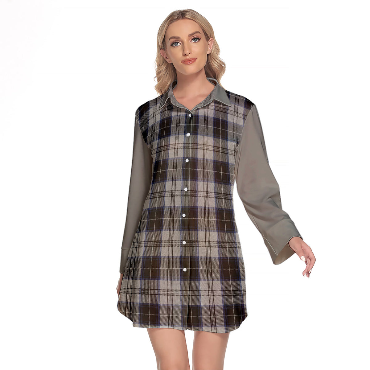 Menzies Black Dress Tartan Women's Lapel Shirt Dress With Long Sleeve