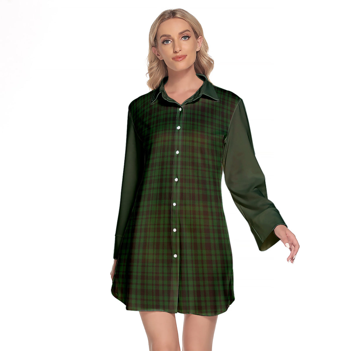 Menzies Green Tartan Women's Lapel Shirt Dress With Long Sleeve