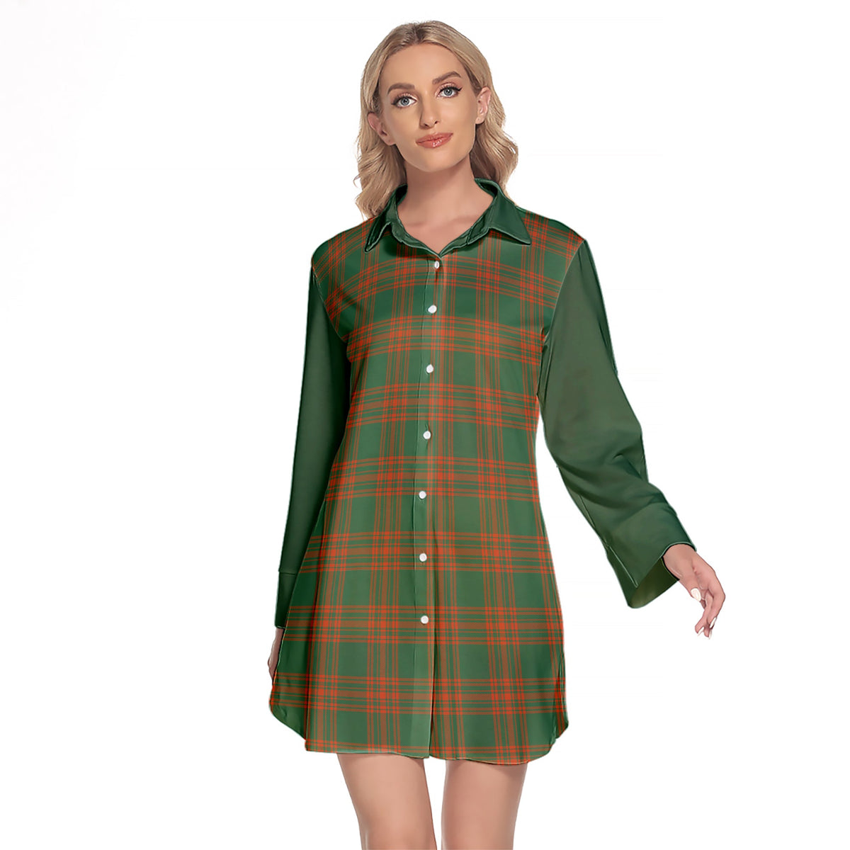 Menzies Green Ancient Tartan Women's Lapel Shirt Dress With Long Sleeve