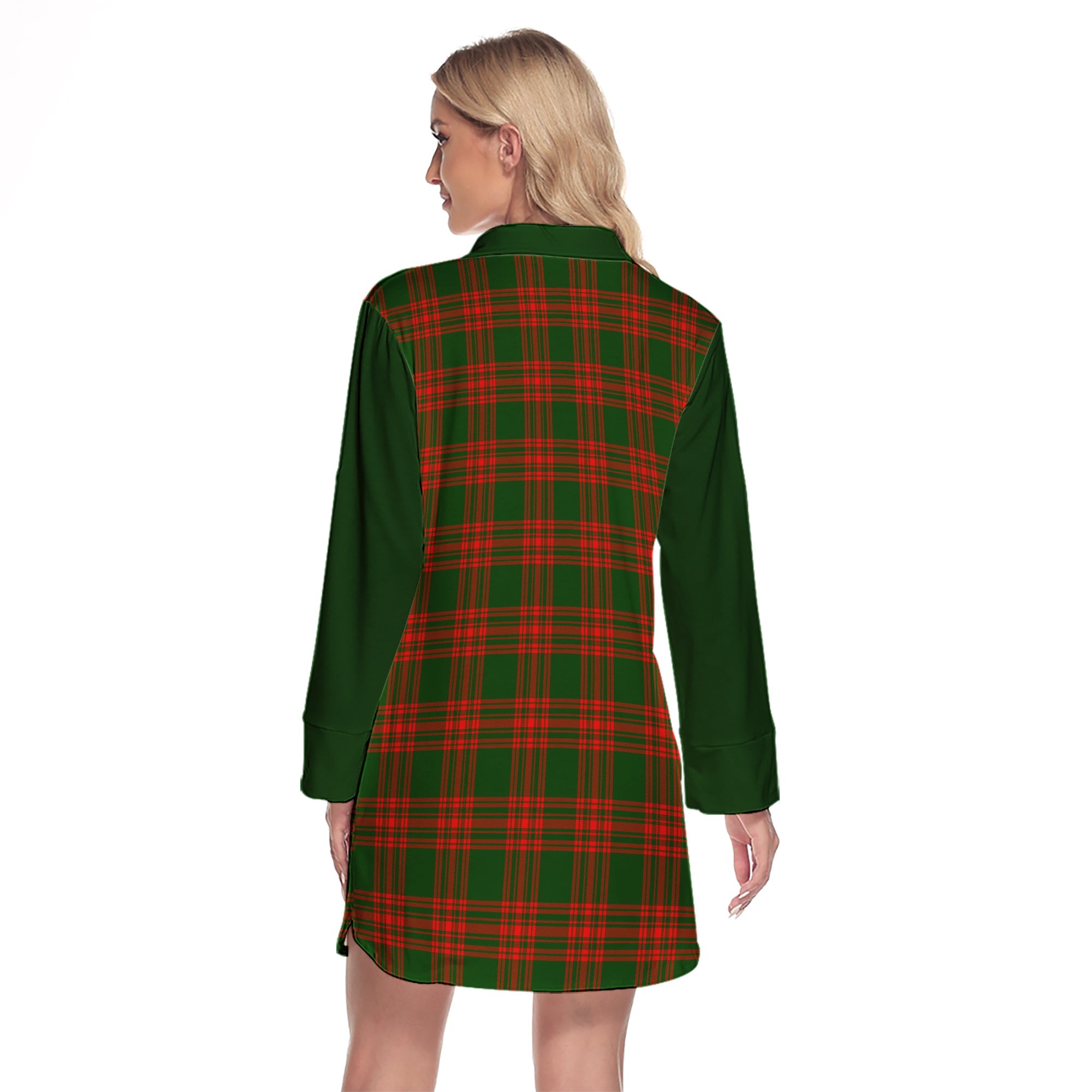 Menzies Green Modern Tartan Women's Lapel Shirt Dress With Long Sleeve