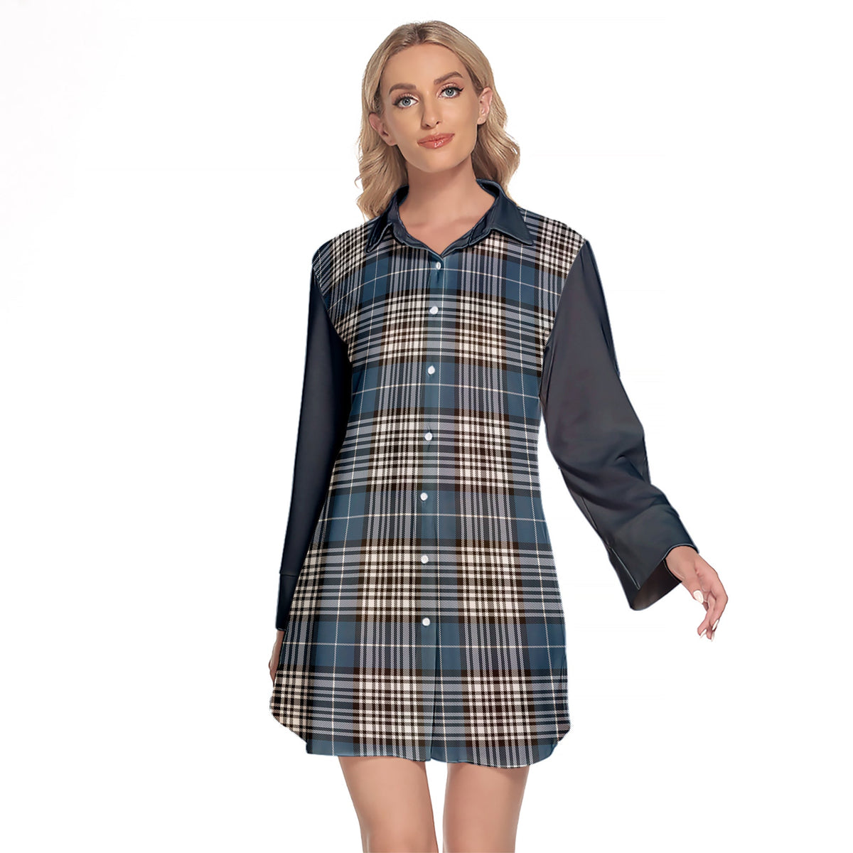 Napier Modern Tartan Women's Lapel Shirt Dress With Long Sleeve