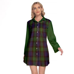 Nicolson Green Hunting Tartan Women's Lapel Shirt Dress With Long Sleeve