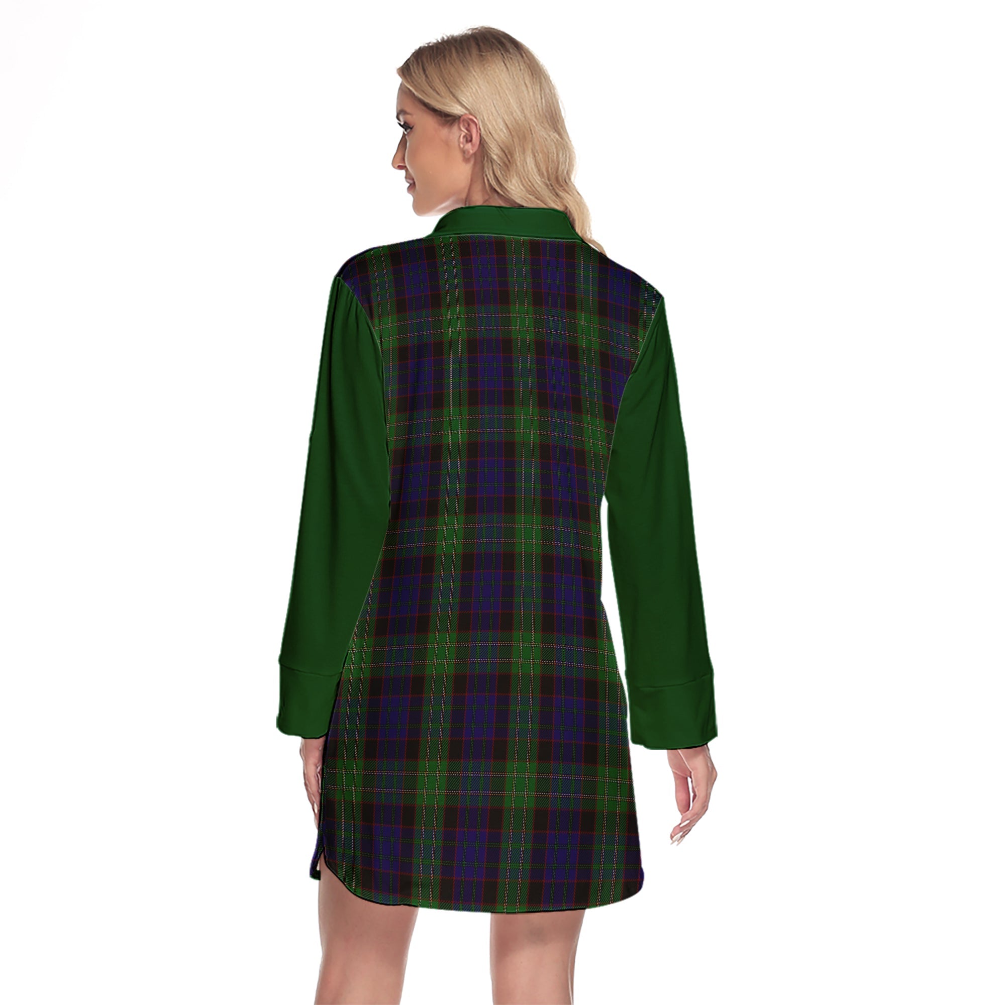 Nicolson Green Hunting Tartan Women's Lapel Shirt Dress With Long Sleeve