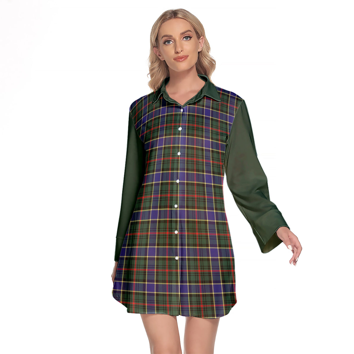 Ogilvie (Ogilvy) Hunting Modern Tartan Women's Lapel Shirt Dress With Long Sleeve