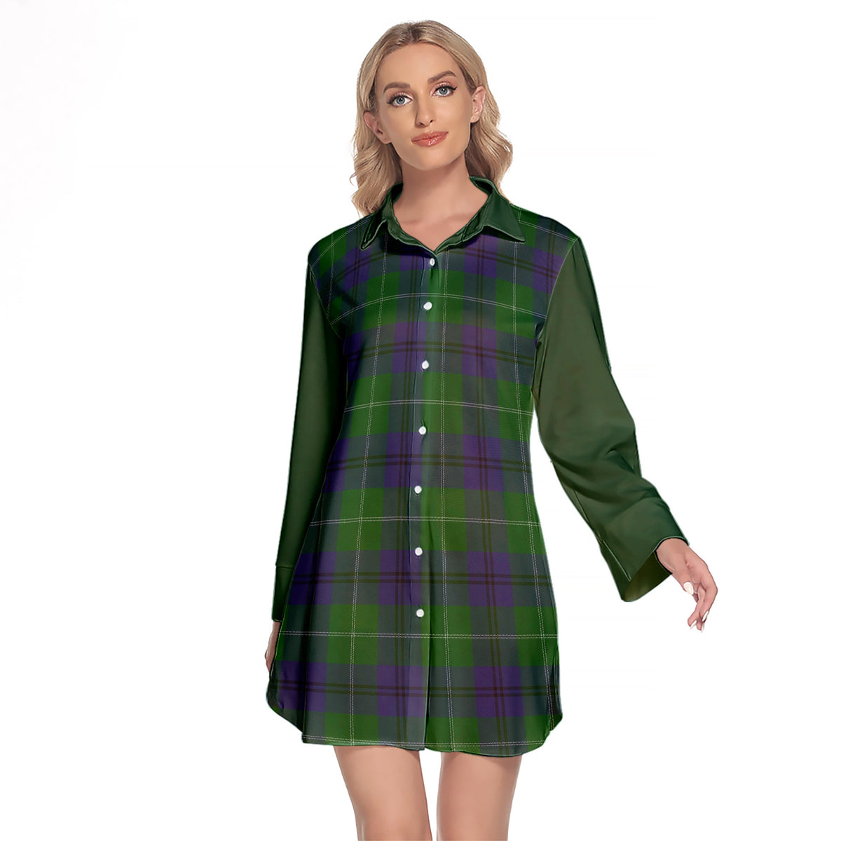 Oliphant Tartan Women's Lapel Shirt Dress With Long Sleeve