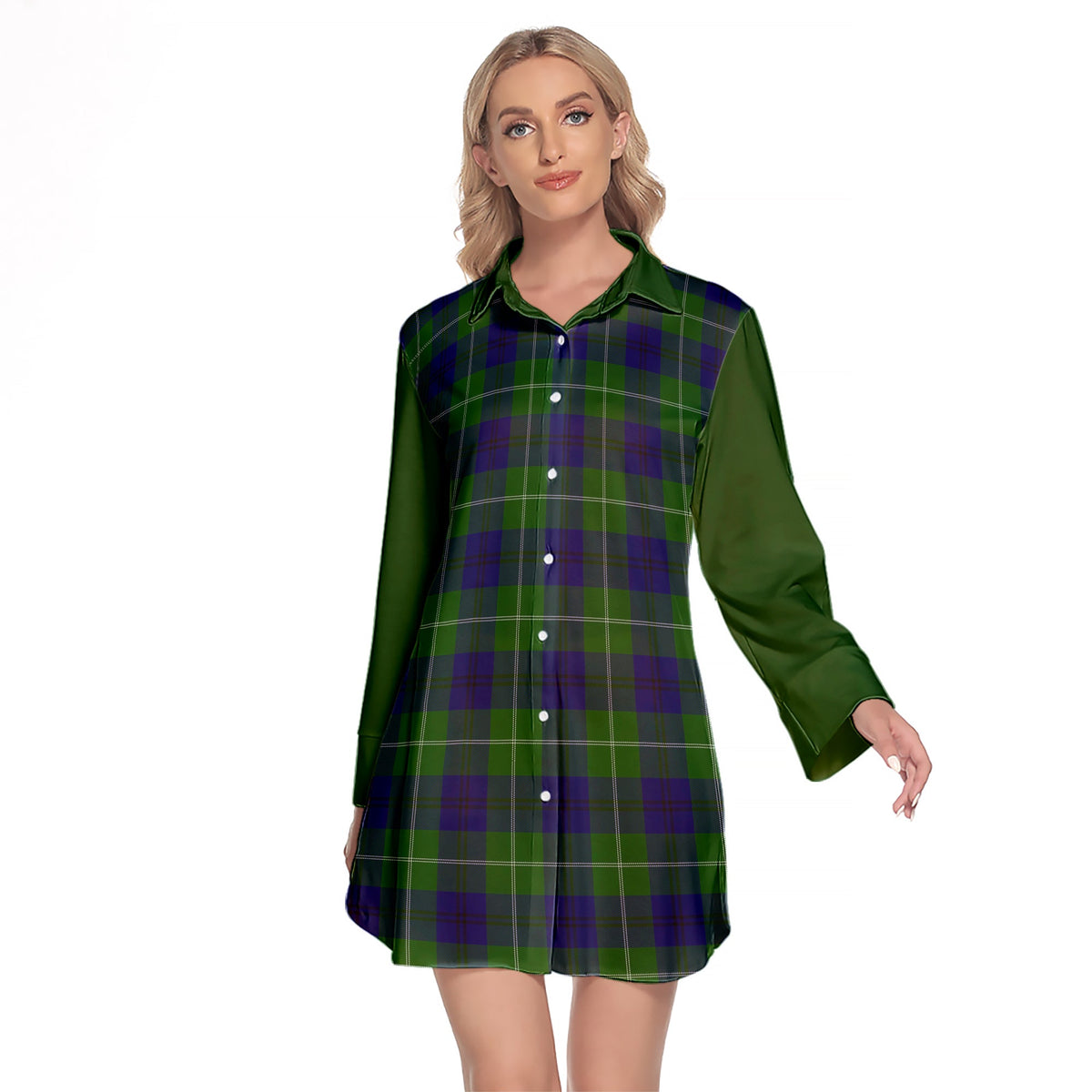 Oliphant Modern Tartan Women's Lapel Shirt Dress With Long Sleeve