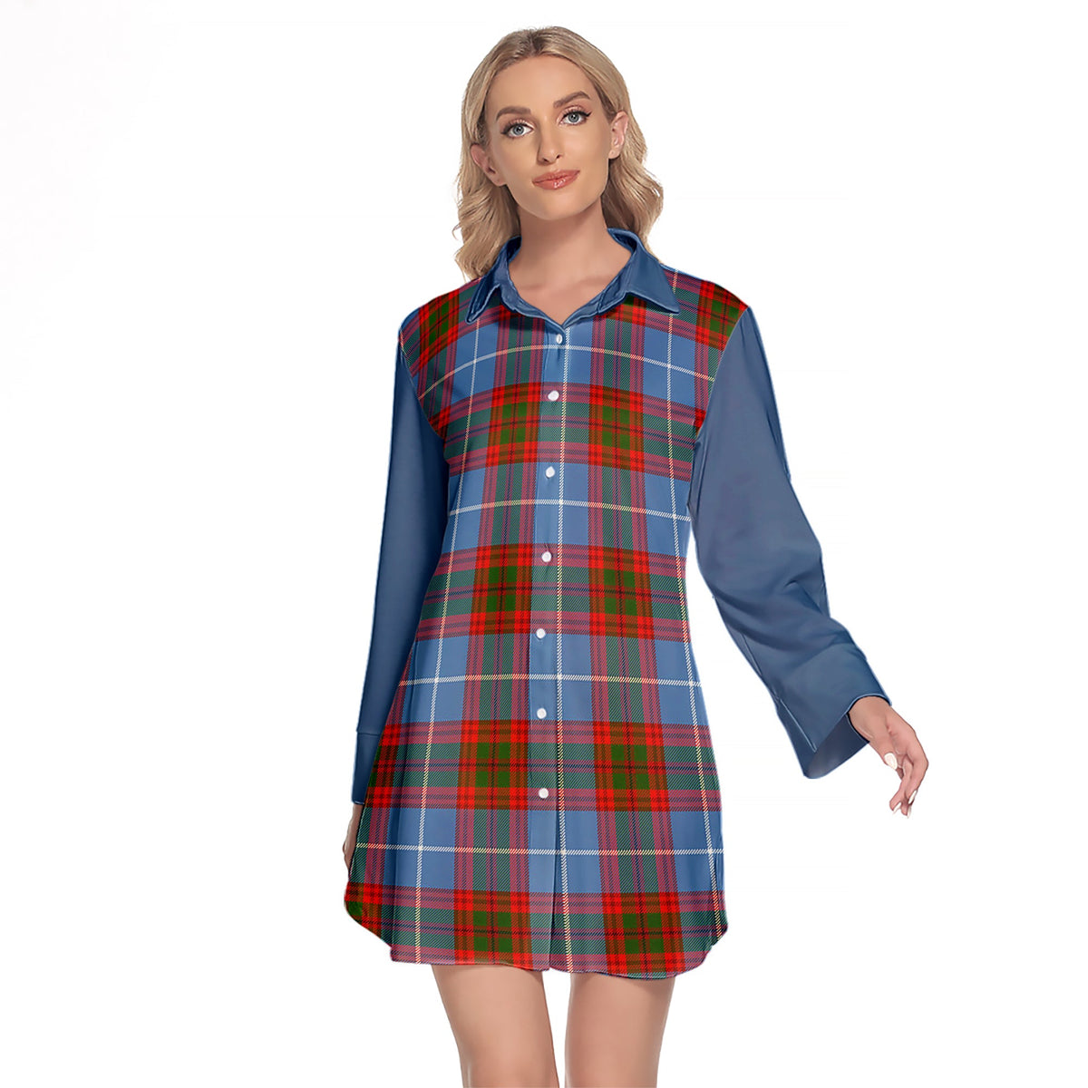 Pennycook Tartan Women's Lapel Shirt Dress With Long Sleeve