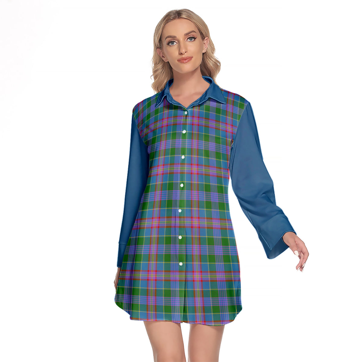 Ralston Tartan Women's Lapel Shirt Dress With Long Sleeve