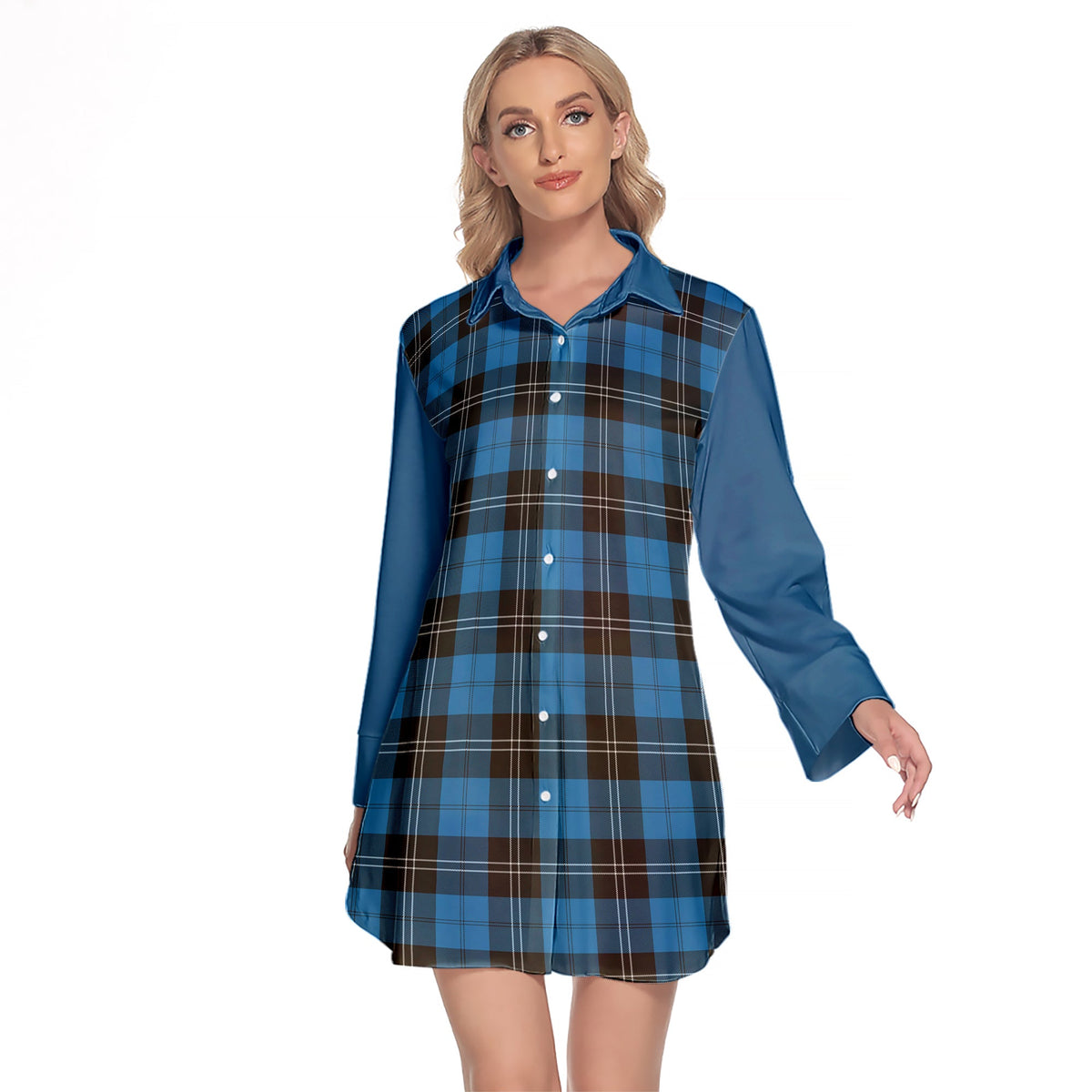 Ramsay Blue Ancient Tartan Women's Lapel Shirt Dress With Long Sleeve