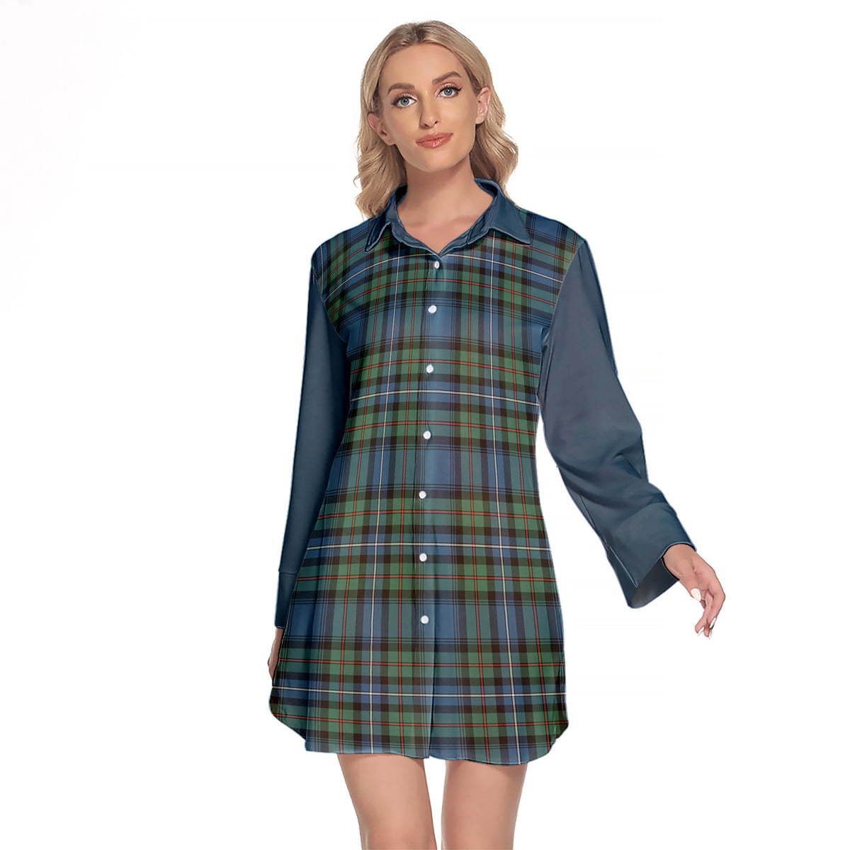 Robertson Hunting Ancient Tartan Women's Lapel Shirt Dress With Long Sleeve