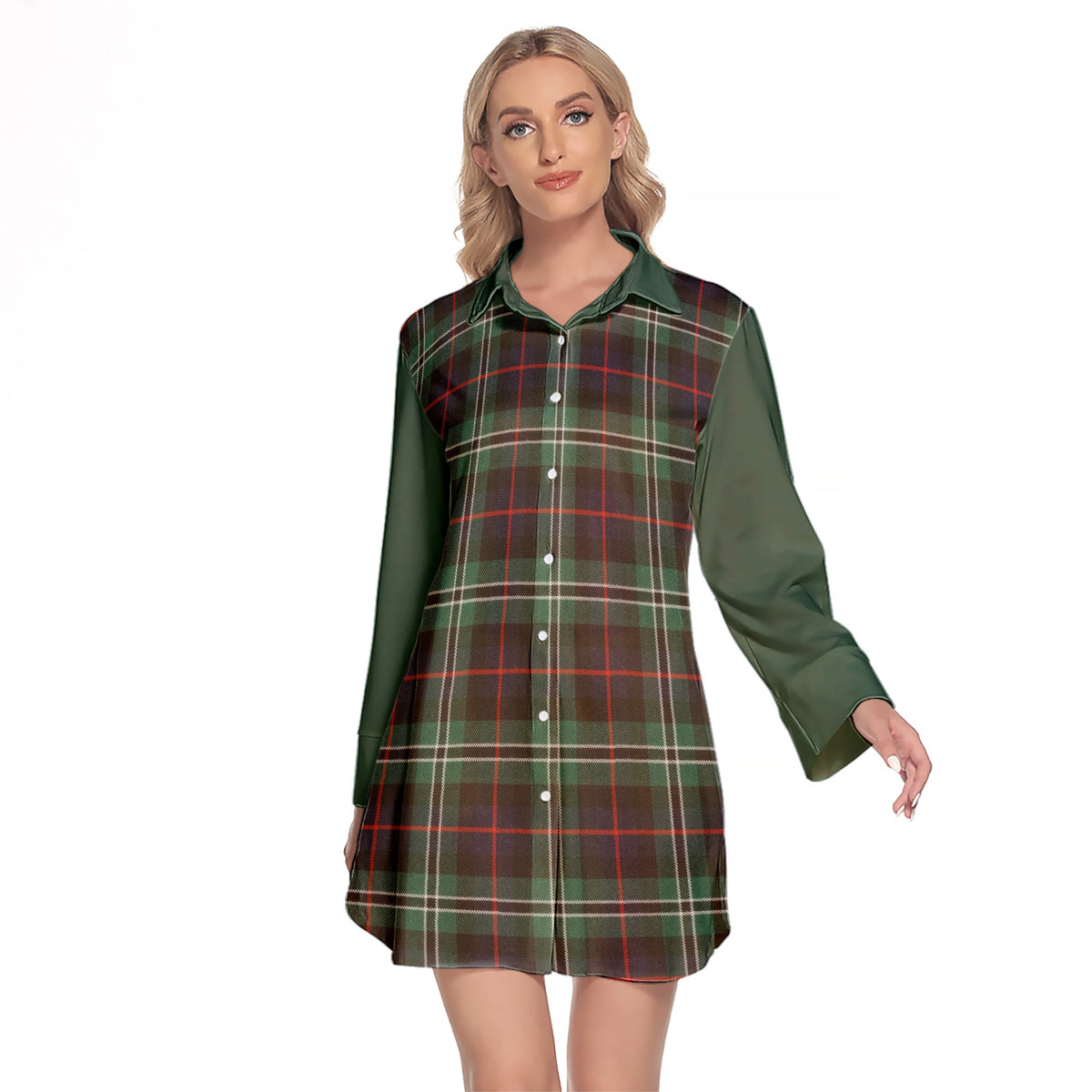 Rollo Hunting Tartan Women's Lapel Shirt Dress With Long Sleeve