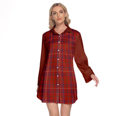 Rose Tartan Women's Lapel Shirt Dress With Long Sleeve