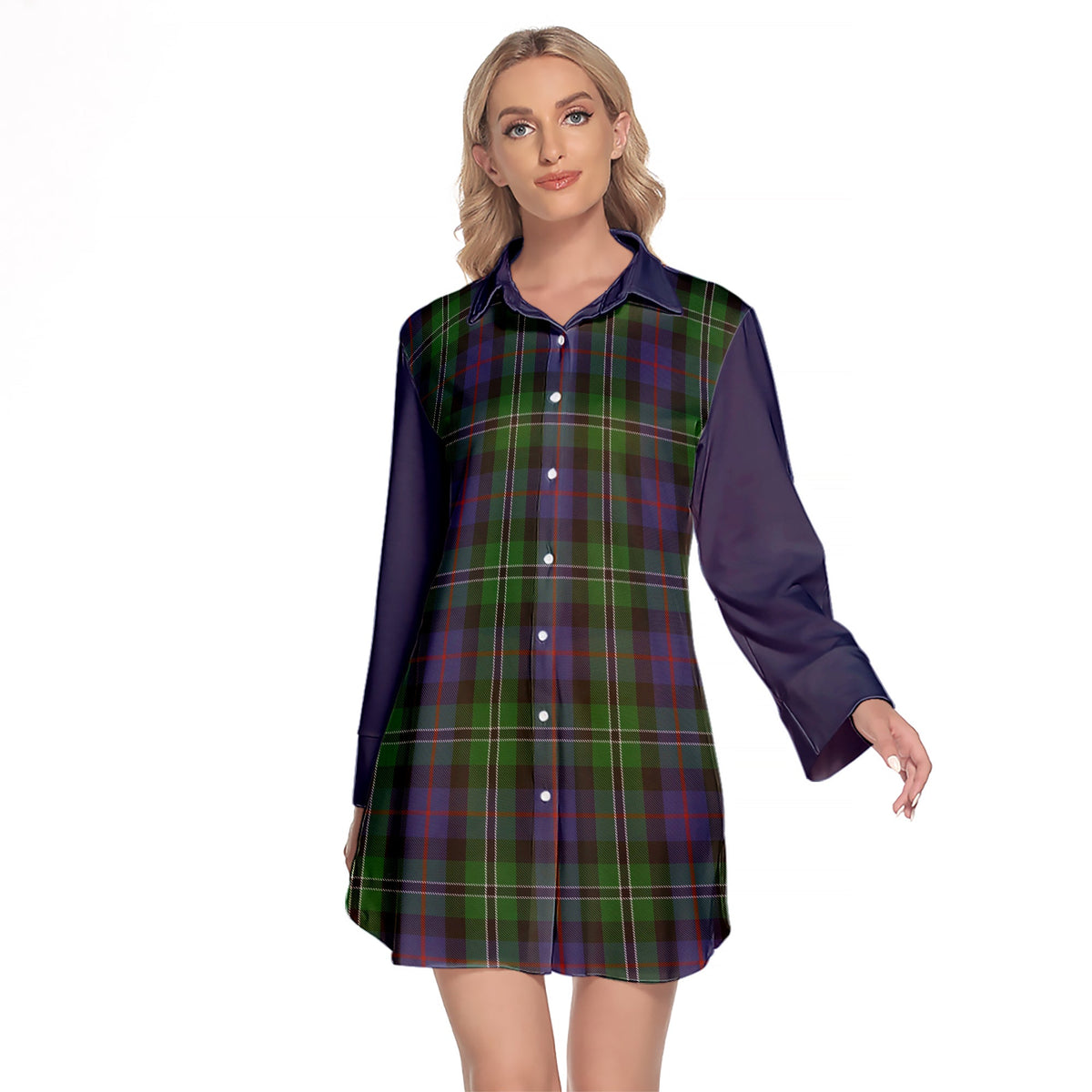 Rose Hunting Tartan Women's Lapel Shirt Dress With Long Sleeve