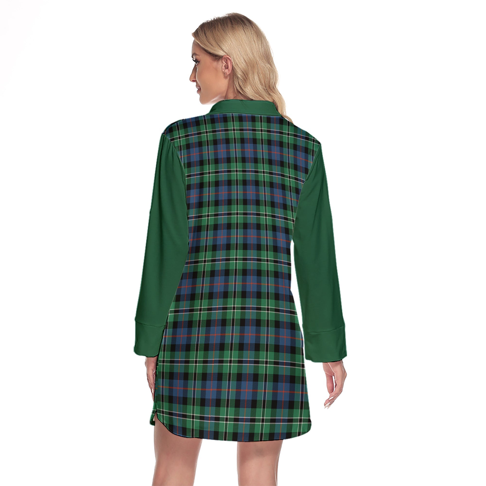 Rose Hunting Ancient Tartan Women's Lapel Shirt Dress With Long Sleeve