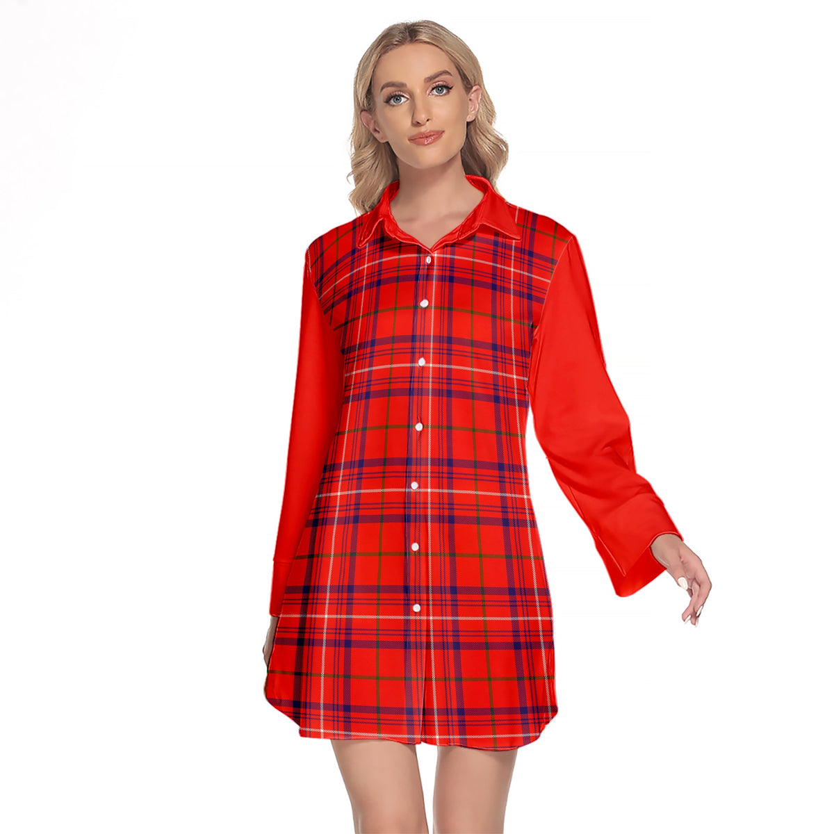 Rose Modern Tartan Women's Lapel Shirt Dress With Long Sleeve