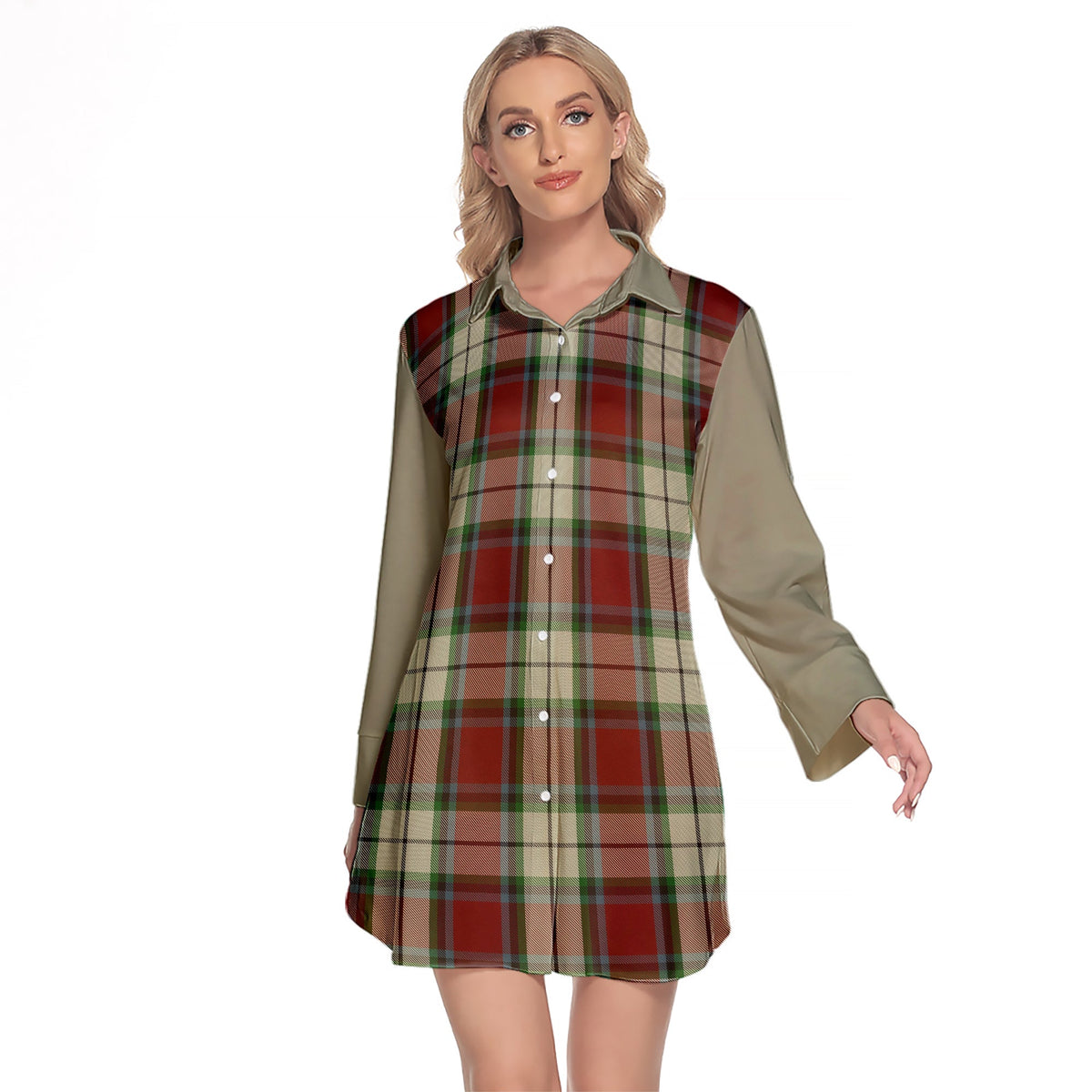 Rose White Dress Tartan Women's Lapel Shirt Dress With Long Sleeve