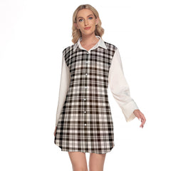 Scott Black White Tartan Women's Lapel Shirt Dress With Long Sleeve