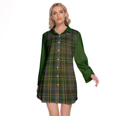 Scott Green Tartan Women's Lapel Shirt Dress With Long Sleeve