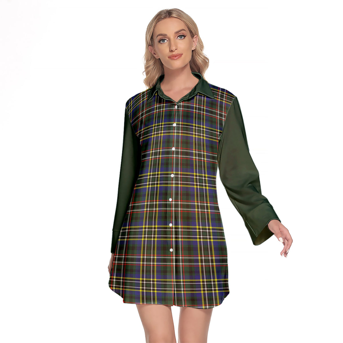 Scott Green Modern Tartan Women's Lapel Shirt Dress With Long Sleeve