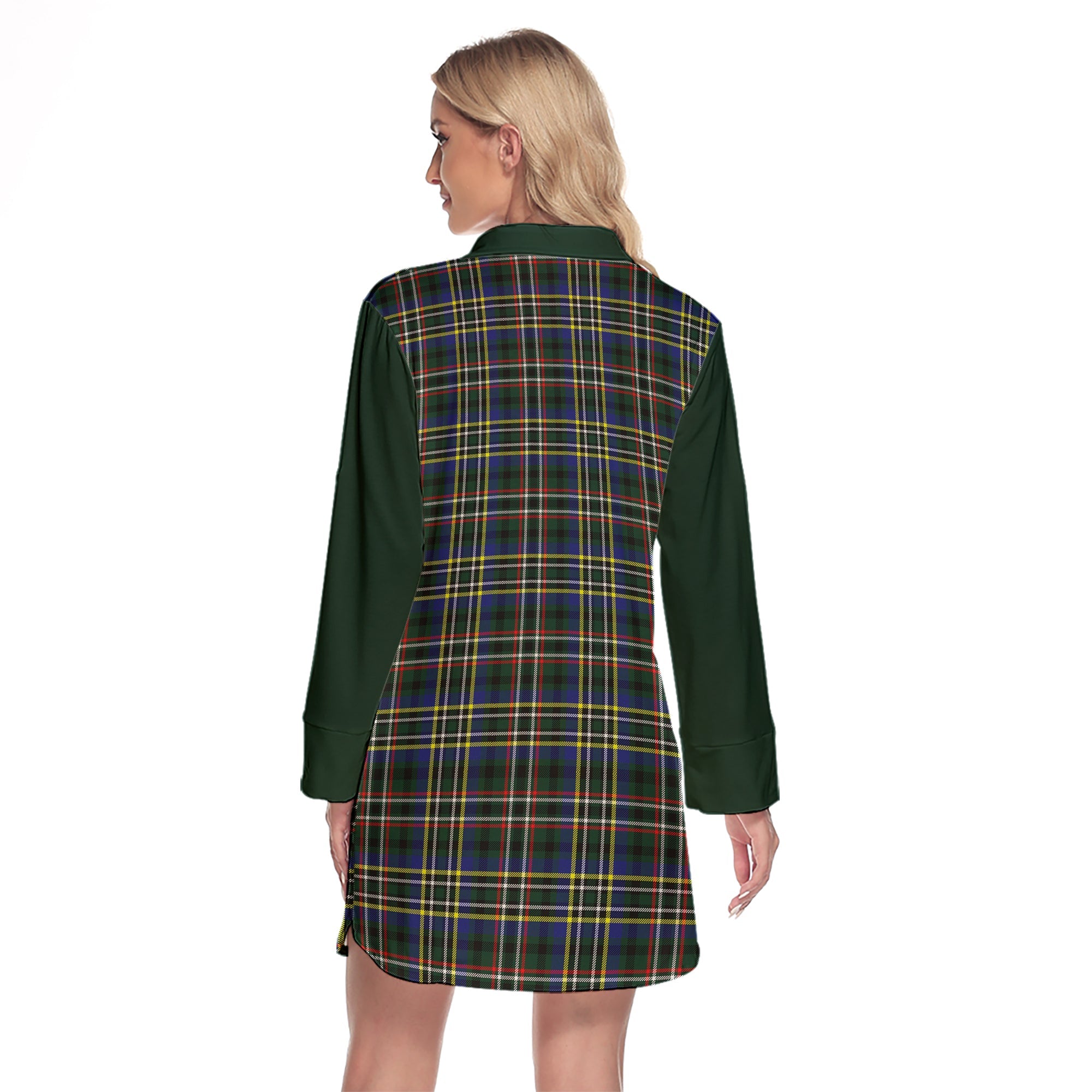 Scott Green Modern Tartan Women's Lapel Shirt Dress With Long Sleeve