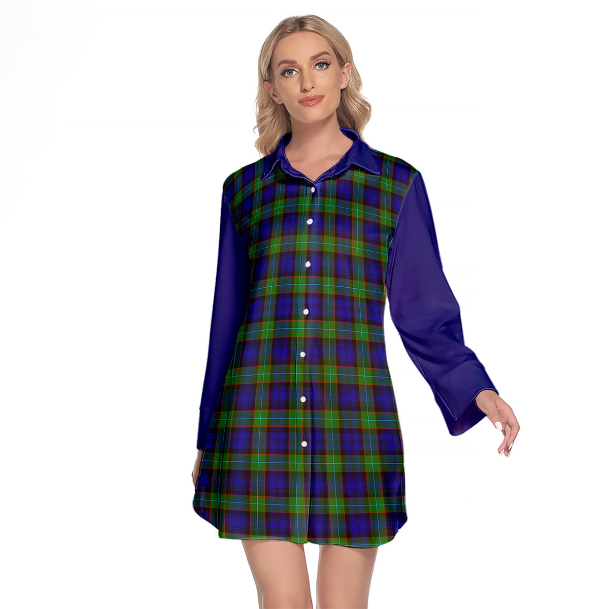 Sempill Modern Tartan Women's Lapel Shirt Dress With Long Sleeve