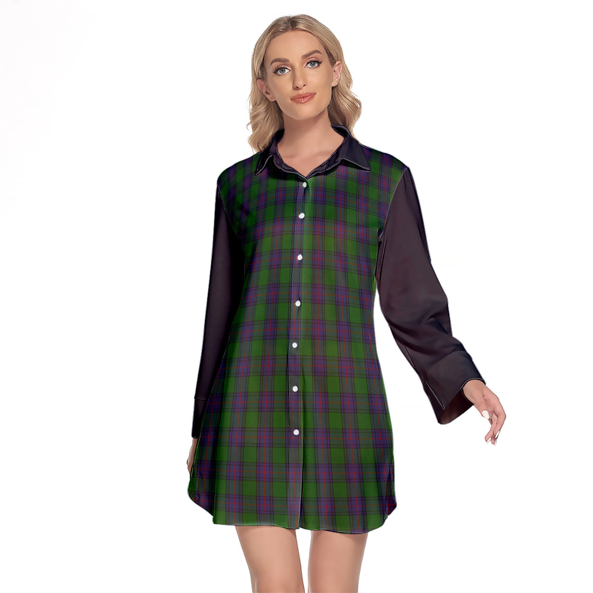 Shaw Tartan Women's Lapel Shirt Dress With Long Sleeve