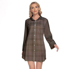 Stewart Grey Tartan Women's Lapel Shirt Dress With Long Sleeve