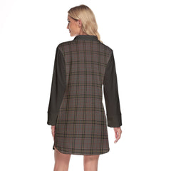 Stewart Grey Tartan Women's Lapel Shirt Dress With Long Sleeve