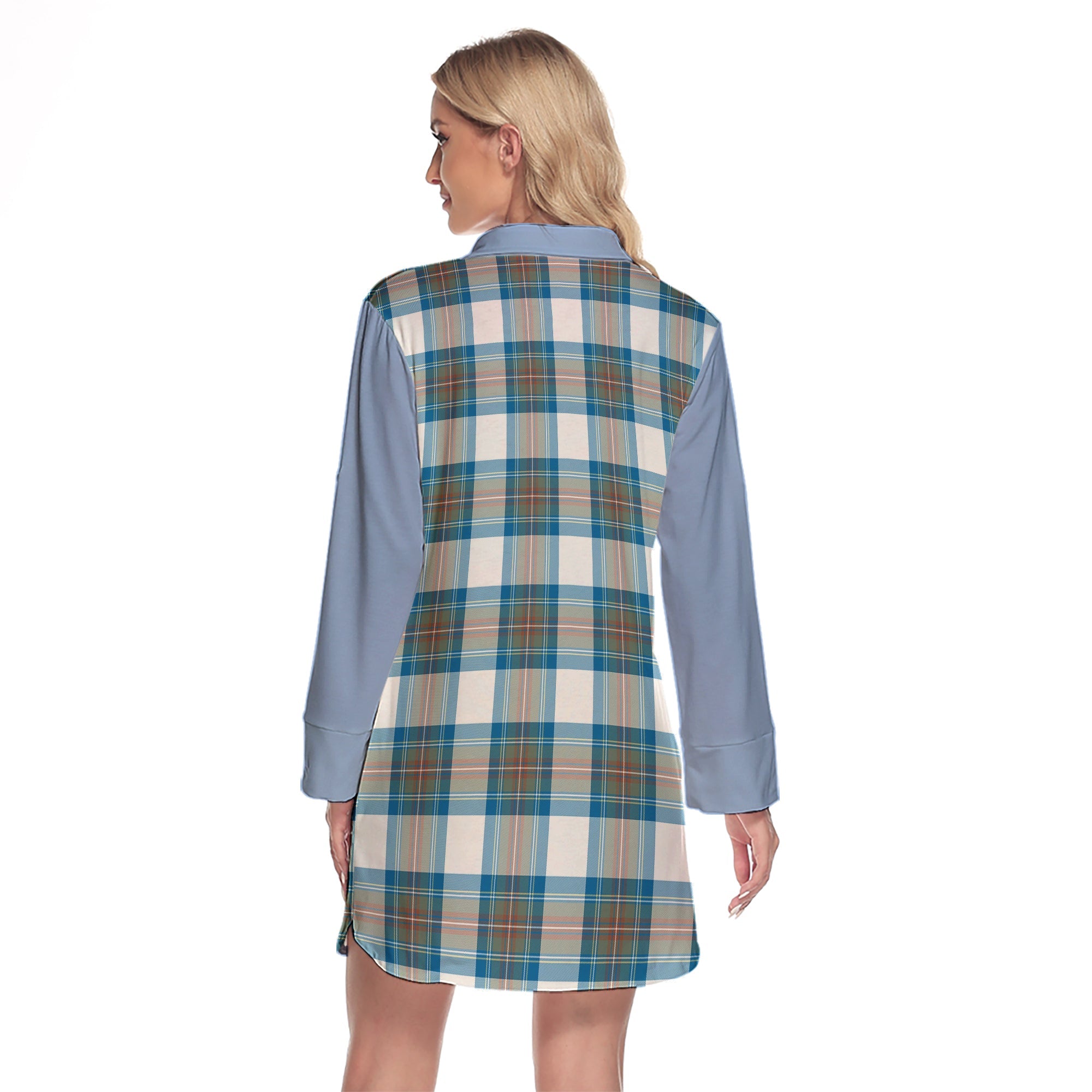 Stewart Muted Blue Tartan Women's Lapel Shirt Dress With Long Sleeve