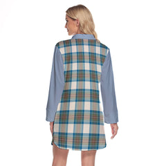 Stewart Muted Blue Tartan Women's Lapel Shirt Dress With Long Sleeve