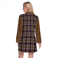 Stewart Navy Tartan Women's Lapel Shirt Dress With Long Sleeve