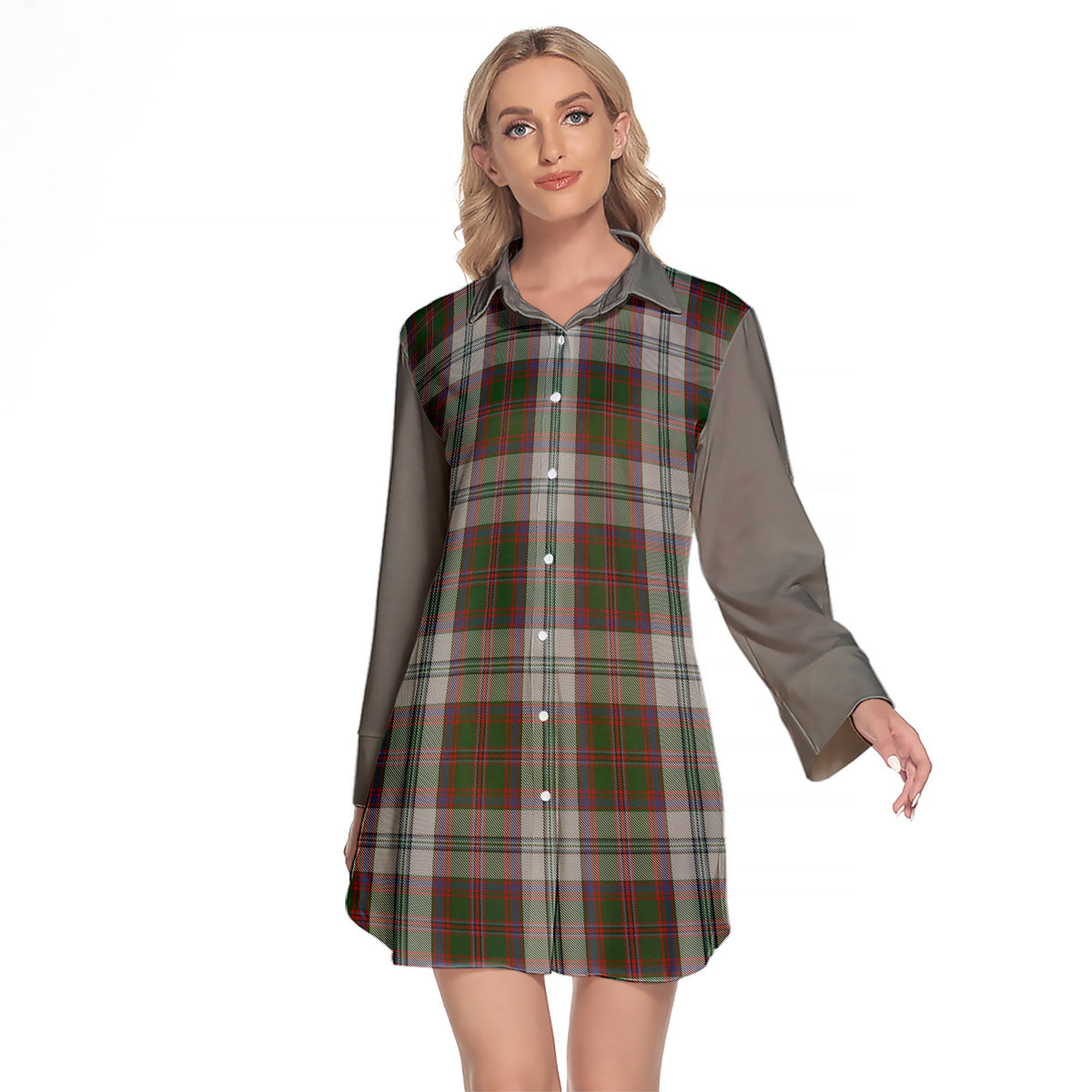 Stewart Of Appin Dress Tartan Women's Lapel Shirt Dress With Long Sleeve