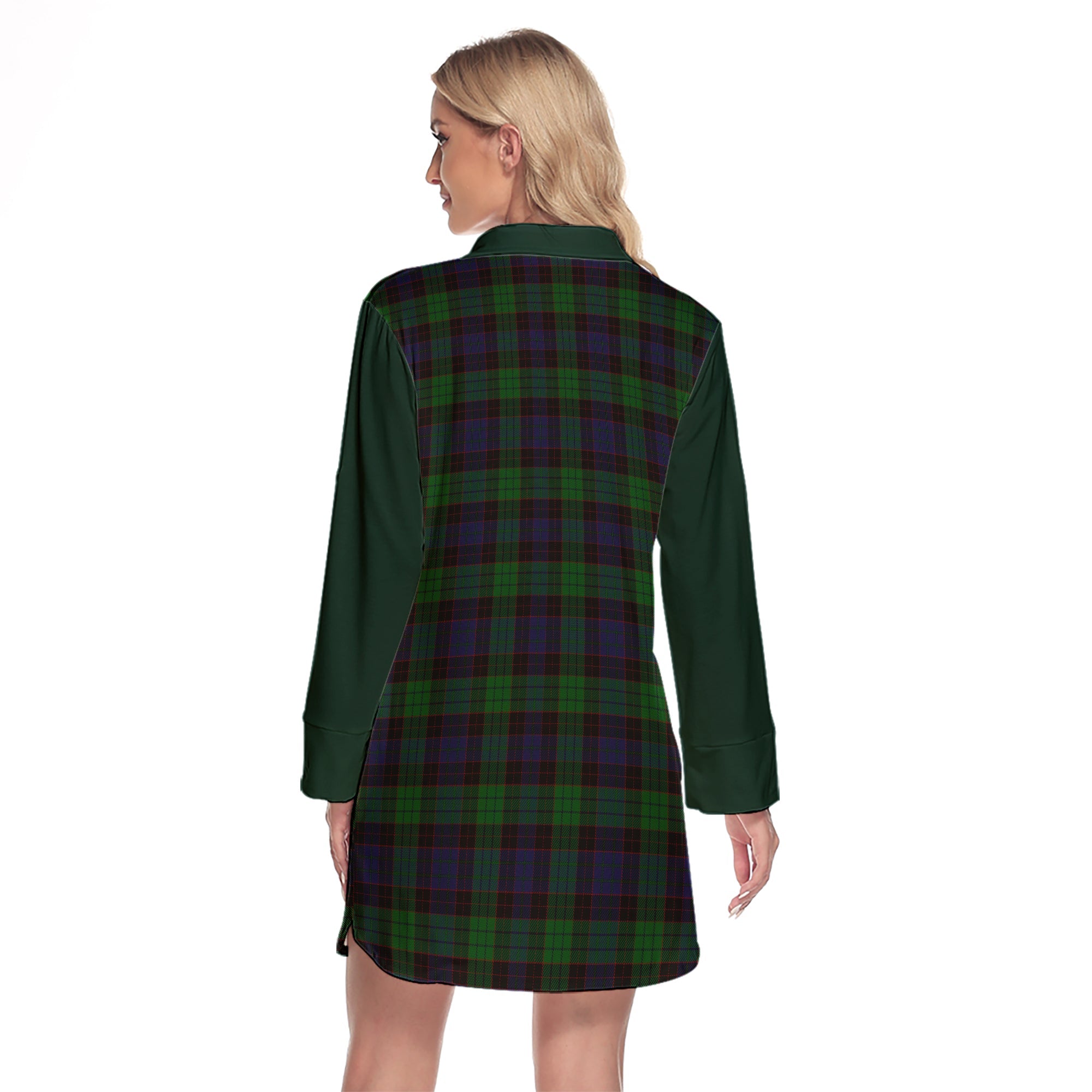 Stewart Old Tartan Women's Lapel Shirt Dress With Long Sleeve