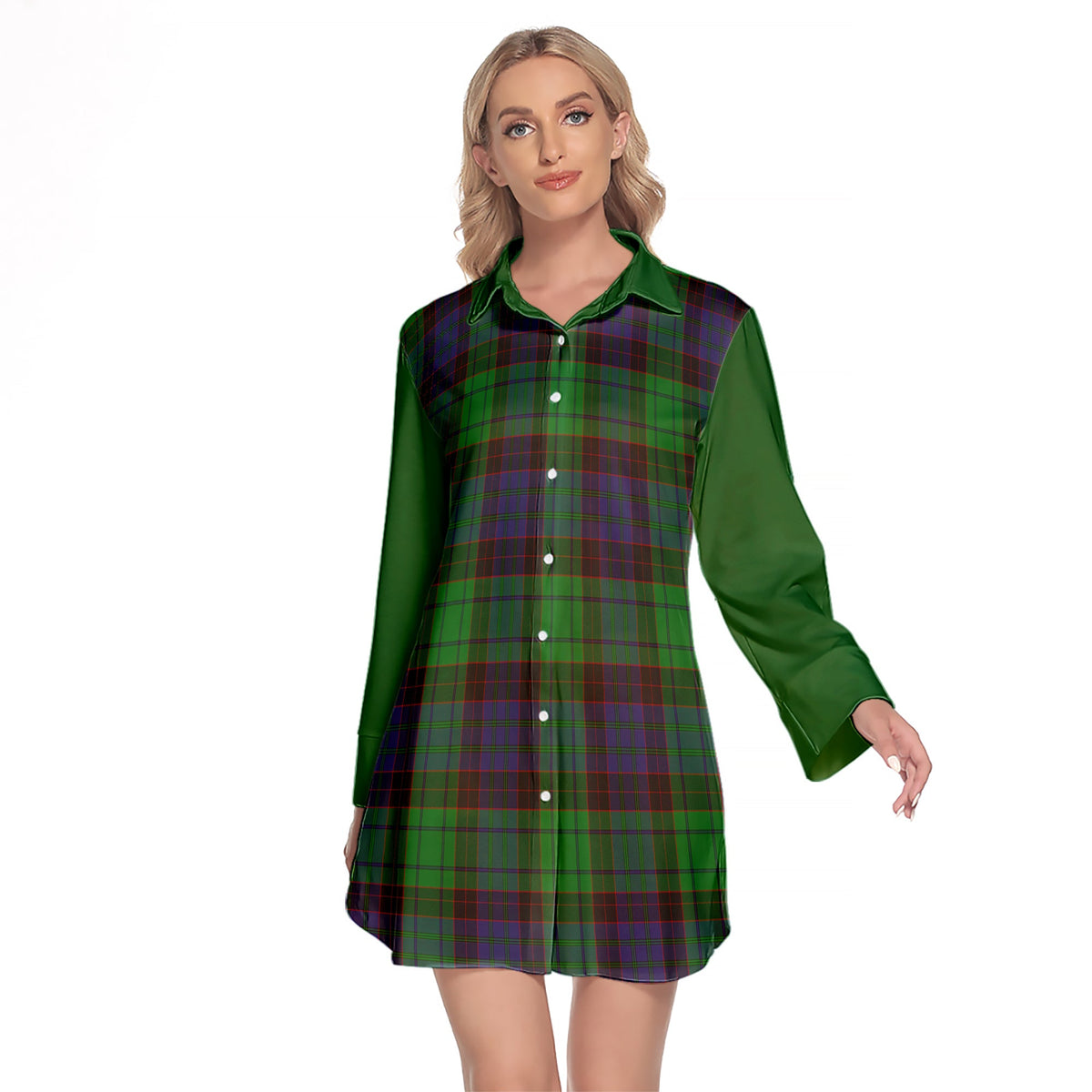 Stewart Old Modern Tartan Women's Lapel Shirt Dress With Long Sleeve