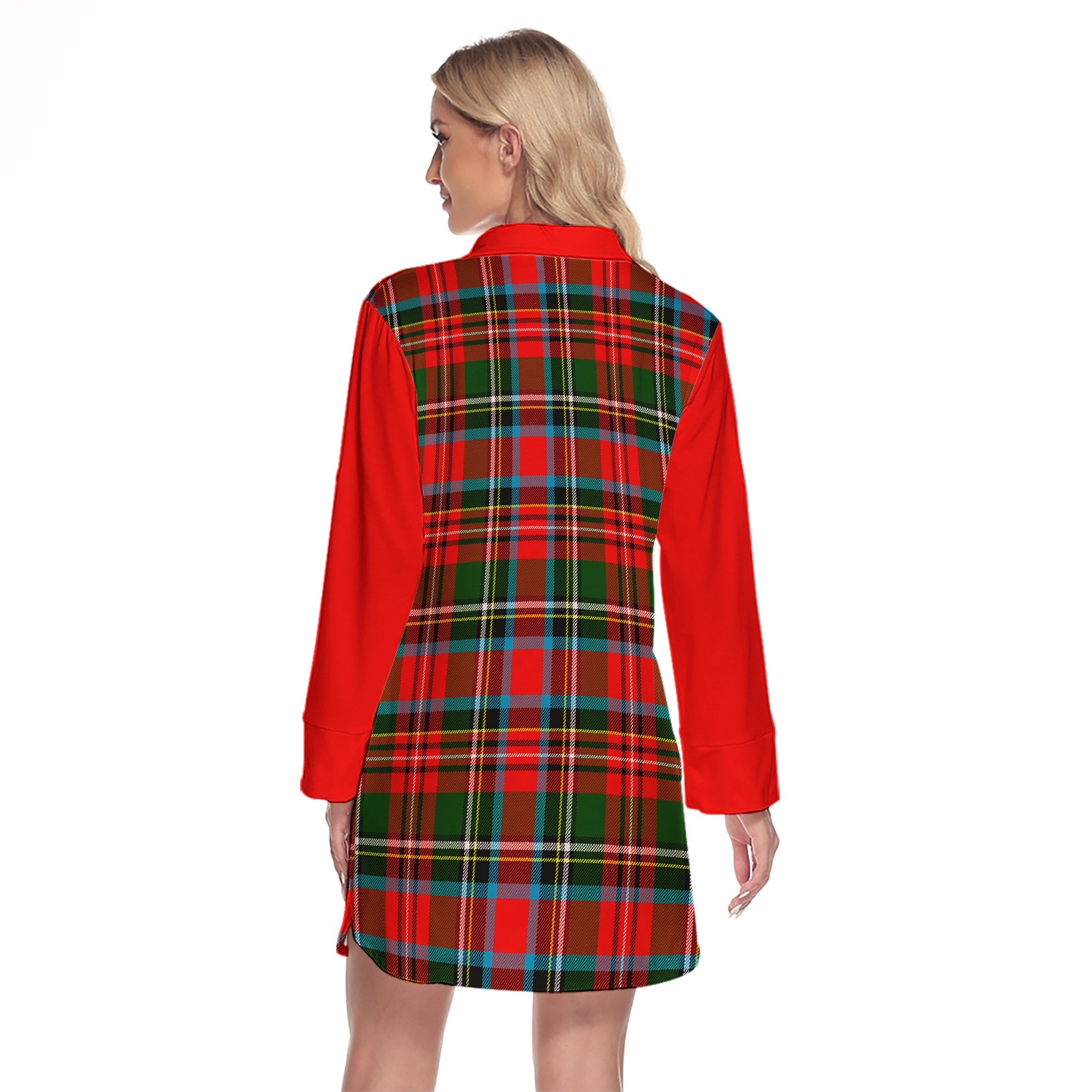 Stewart Royal Tartan Women's Lapel Shirt Dress With Long Sleeve