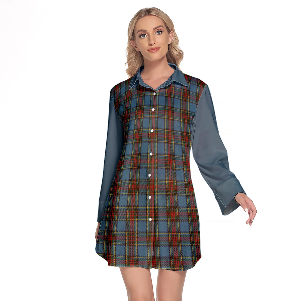 Stewart Royal Blue Tartan Women's Lapel Shirt Dress With Long Sleeve