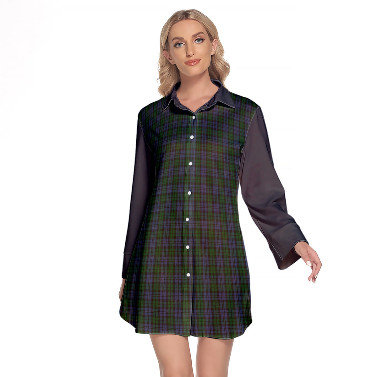 Sutherland Tartan Women's Lapel Shirt Dress With Long Sleeve