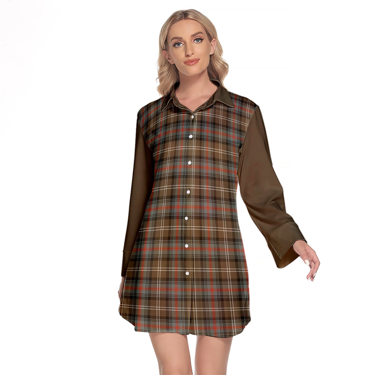 Sutherland Weathered Tartan Women's Lapel Shirt Dress With Long Sleeve