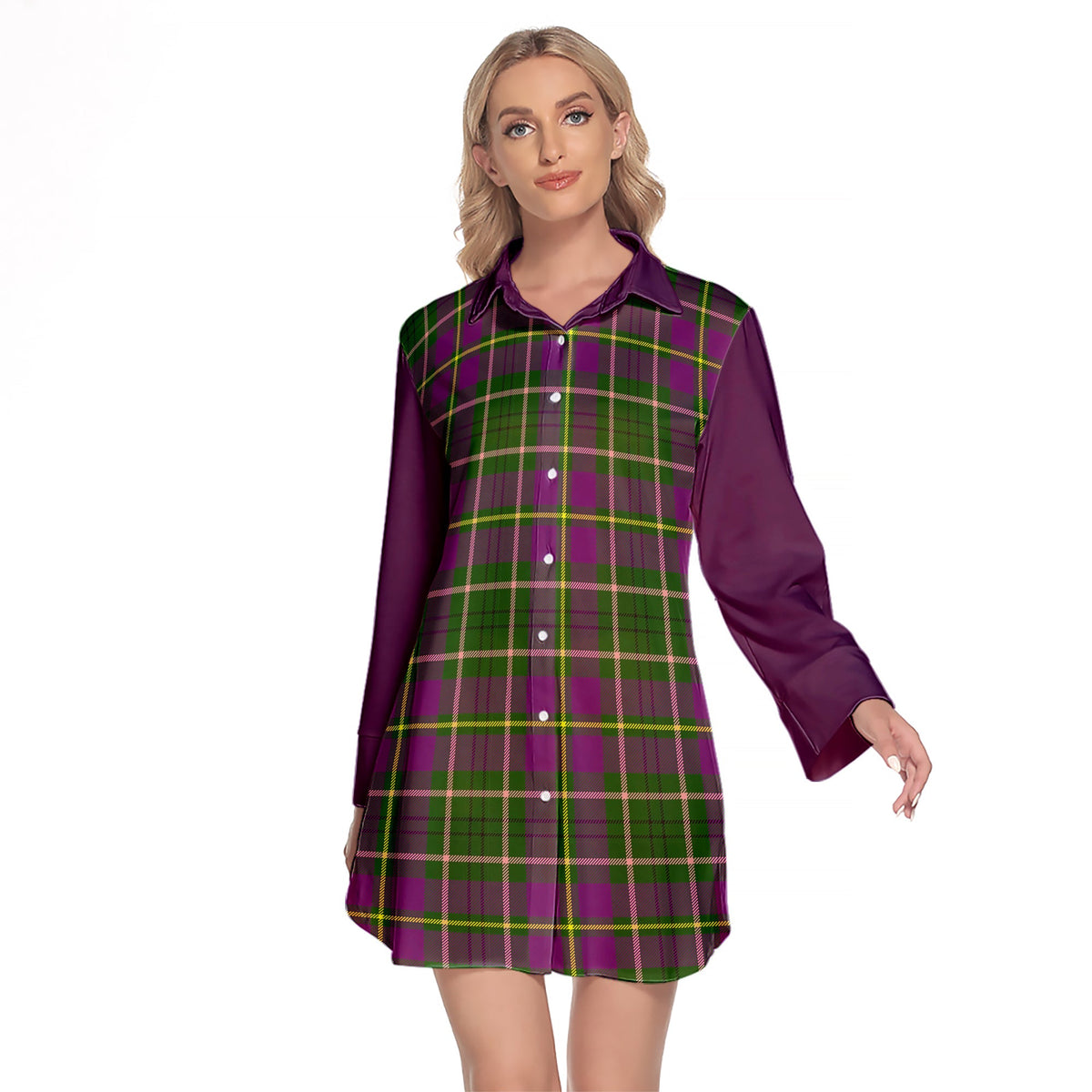 Taylor Tartan Women's Lapel Shirt Dress With Long Sleeve