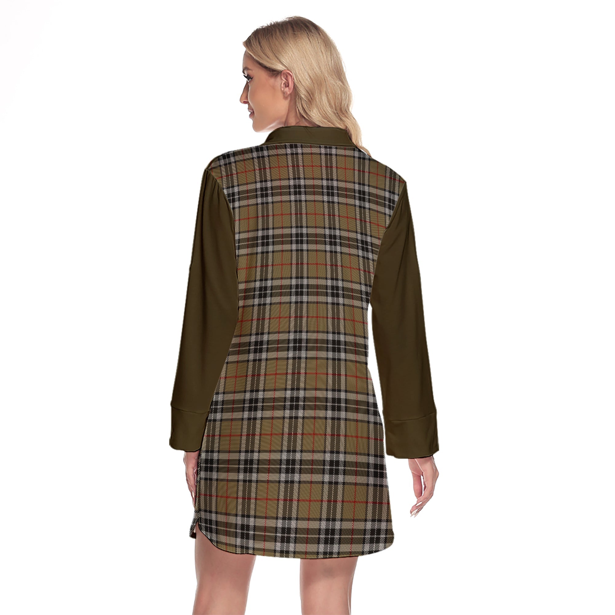 Thomson Camel Tartan Women's Lapel Shirt Dress With Long Sleeve