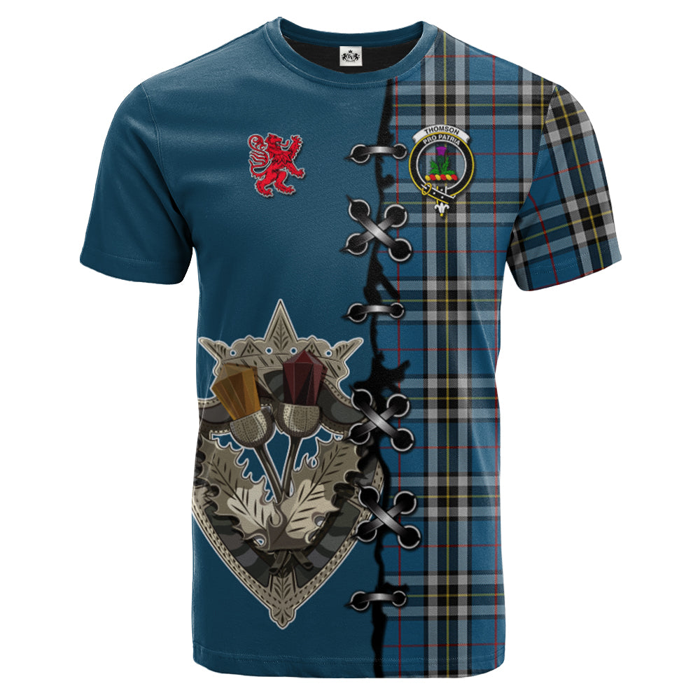 Thomson Dress Blue Tartan T-shirt - Lion Rampant And Celtic Thistle Style