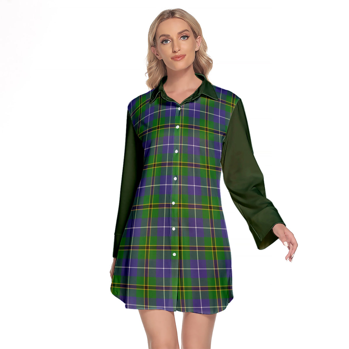 Turnbull Hunting Tartan Women's Lapel Shirt Dress With Long Sleeve